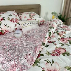   Постельное белье Бязь Голд - "Цветы" белый с розовым компаньоном 200х215 см евро