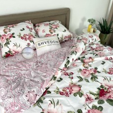   Постельное белье Бязь Голд - "Цветы" белый с розовым компаньоном 180х215 см двуспальный