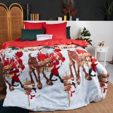 Різдвяна постільна білизна  DaMari Бязь Голд - "Санта та Рудольф" колір червоний 150х215 см півтораспальний