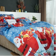 Різдвяна постільна білизна  DaMari Бязь Голд - "Санти" колір синій 150х215 см півтораспальний