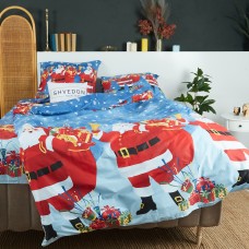 Різдвяна постільна білизна DaMari Бязь Голд -  "Санти" колір синій  180х215 см двохспальний 