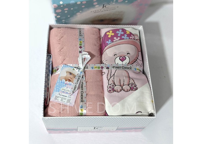 Постельное белье бамбук с вязаным пледом в наборе First Choice Baby Nirvana 100×150 см Pink Cat